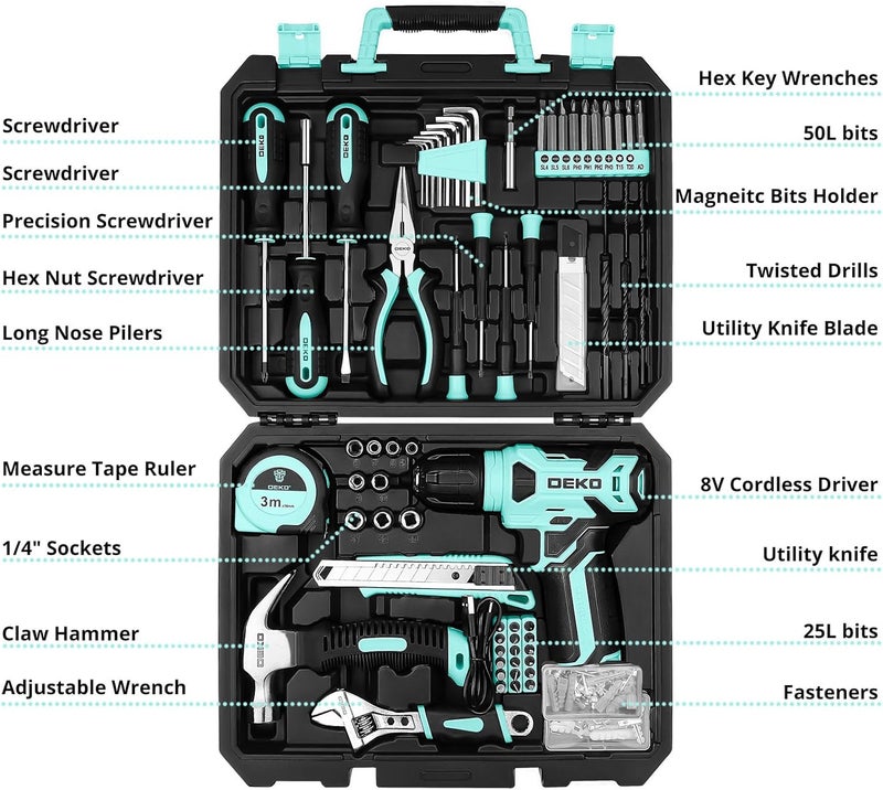 DEKOPRO Drill Set: Tool Set with 8V Cordless Drill, Home Tool Kit with Drill, Hand Tool Kits for Women 126 Piece, Turquoise - Image 2
